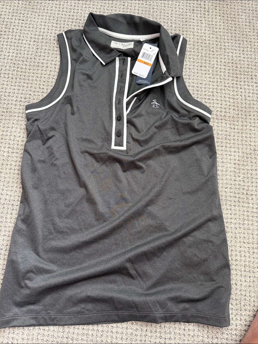 Original Penguin Charcoal Sleeveless Polo with White Trim